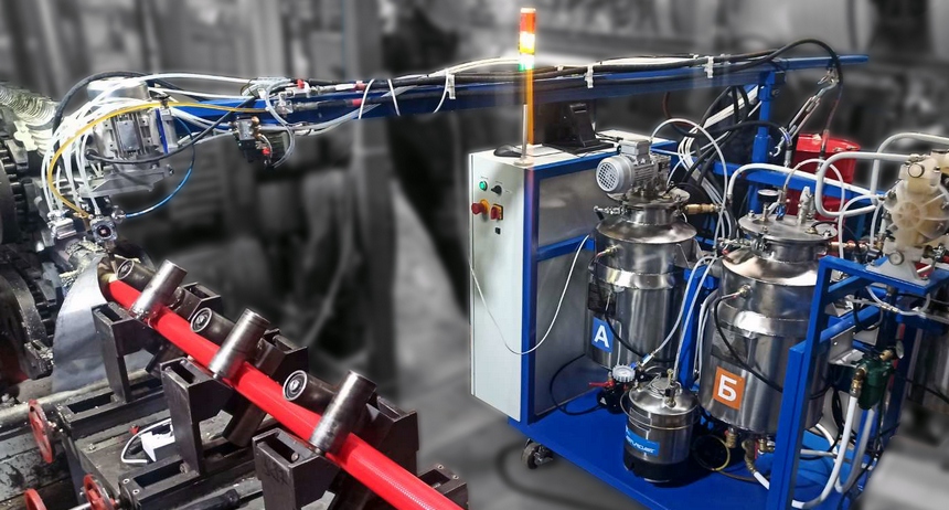 Машина низкого давления для заливки ППУ изоляции гибких трубопроводов непрерывным способом